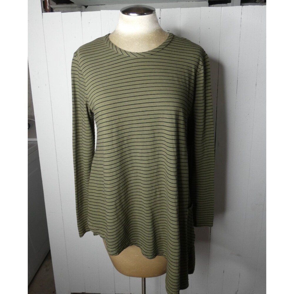 Cut Loose Women's M Striped Asymmetric Tunic Top Green Black Lagenlook Cotton